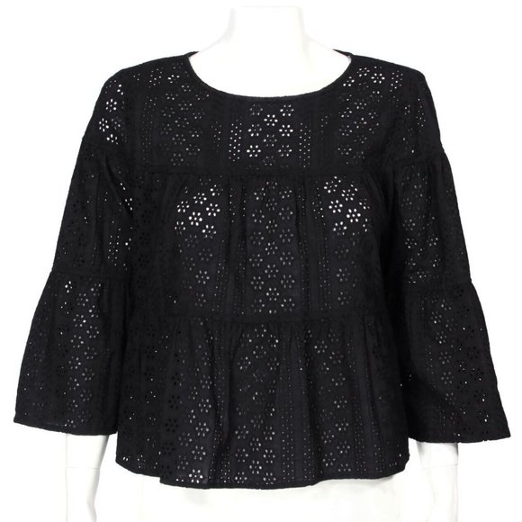 MADEWELL Eyelet Flutter Sleeve Button Back Tiered Black Cotton Top sz Small /328 - Picture 1 of 5